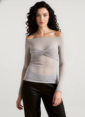 Sheer Ruched Faux Two-Piece Off Shoulder Crop Top