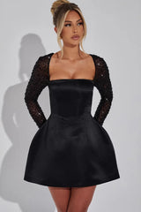 Sexy Plunging Solid Square Neck Lace Panel Long Sleeve Cocktail Dress