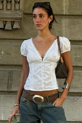Delicate Lace Trim Puff Sleeve T-Shirt