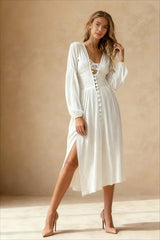 V Neck Button Down Maxi Dress