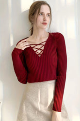 Slim Fit Lace Up V Neck Sweater