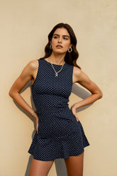 Black and White Polka Dot Sleeveless A-Line Mini Dress