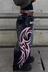 Vintage Printed Washed Distressed Wide Leg Denim Jeans