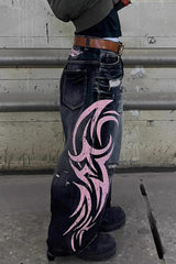 Vintage Printed Washed Distressed Wide Leg Denim Jeans