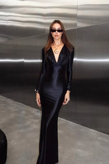 Solid Long Sleeve V-Neck Satin Lurex Elegant Formal Dress