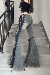 Vintage Plus Size Lace Up Split Hem Micro Flare Jeans