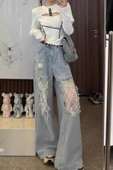 Lace Panel High Waist Wide Leg Jeans