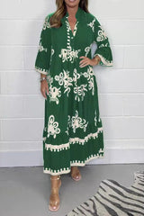 Floral Print Band Collar Waist Cinching Elegant Boho Dress