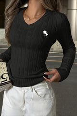 Embroidered Cable Knit V Neck Sweater