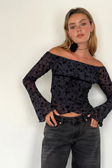 Velvet Mesh Off Shoulder Bow Tie Flare Sleeve Crop Top