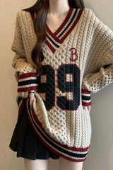 Contrast V-Neck Plus Size Sweater