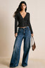 Lace V Neck Ribbed Button Long Sleeved T-shirts