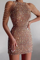 Sexy Crystal Fringe Halter Sequin Bodycon Cocktail Dress