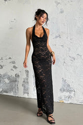 Sheer Halter Backless Lace Dress