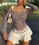 Leopard Off Shoulder Mesh Sheer Top