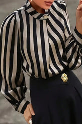 Striped Plus Size Satin Gold Button Elegant Workwear Blouse