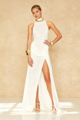 Turtleneck Off-Shoulder Sleeveless Pleated Maxi Dress