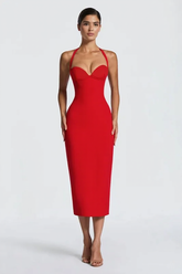 Solid Halter Neck Tie Back Midi Party Dress