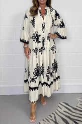 Floral Print Band Collar Waist Cinching Elegant Boho Dress