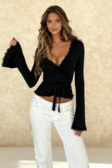 Lace Paneled V-Neck Tie-Waist Long-Sleeve Slim Knit Top
