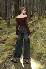 Retro Leopard Print Wide Leg Jeans