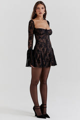 Tie Waist Bell Sleeve A Line Lace Dress