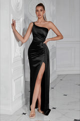 One Shoulder Ruched Waist Slit Sexy Formal Dress