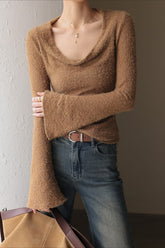 Retro Draped Cowl Neck Long Sleeve Top