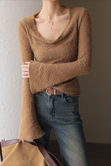 Retro Draped Cowl Neck Long Sleeve Top