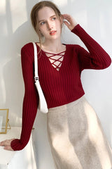Slim Fit Lace Up V Neck Sweater