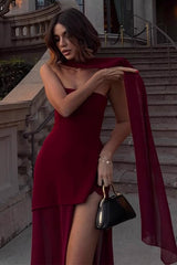 Sexy Strapless Asymmetrical Mesh Split Scarf Formal Dress