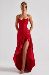 Spaghetti Strap Backless Ruffle Prom Dress
