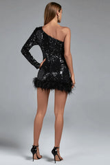 Sexy Asymmetrical One Shoulder Long Sleeve Backless Sequin Feather Party Dress