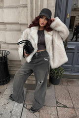 White Tip-Dyed Faux Fox Fur Mid-Length Coat