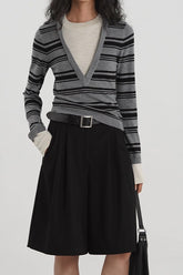 Striped Contrast Panel Deep V-Neck Knit Top