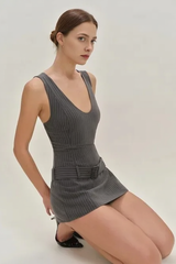 Striped V Neck Belted Cinched Work Dress