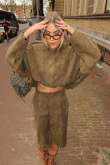 Suede Cropped Zip-Up Jacket