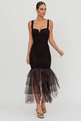 Mesh Insert Spaghetti Strap Ruched Prom Dress