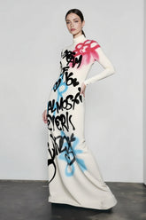 High Neck Graffiti Color Block Bodycon Maxi Dress