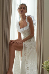 Ruffled Square Neck Embroidered Backless Split Boho Dress