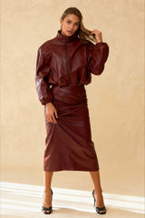 Chic Solid Patent Leather Stand Collar Jacket Skirt Two Piece Set