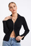 Ribbed Knit Zip-Up Stand Collar Cardigan