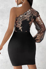 Sequin Patchwork One Shoulder Long Sleeve Bodycon Cocktail Dress