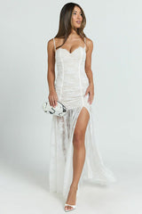 Sheer Ruched Split Cami Maxi Lace Dress