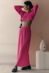Pleated Flare Sleeve Crop Top Skirt Two Piece Set