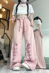 Pink Bow Tie Wide Leg Cargo Jeans
