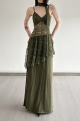 Lace Trim Sheer Waist Tie Cami Maxi Lace Dress