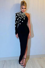 Rhinestone One Shoulder Long Sleeve Slit Bandage Cocktail Dress