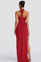 Sexy Deep V Halter Backless Slit Formal Dress