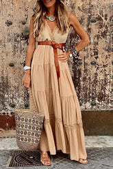 High Waist V Neck Spliced Elegant Boho Dress